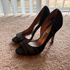 Badgley Mischka Black Peep Toe Sequin Heels With Lace Overlay Size 6.5